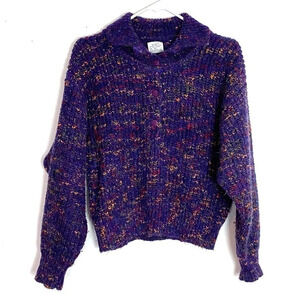 Vintage 80s Henley Pullover Sweater Chunky Purple Multicolored Womens Medium